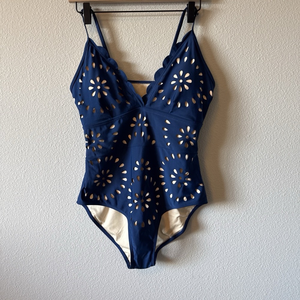 Flaxmaker Women's Blue One Piece Bathing Petal Eyelet Swimsuit & Skirt Size XL